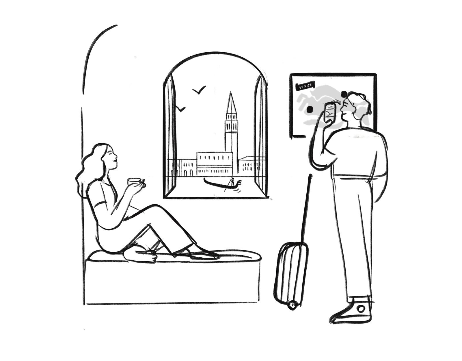 Illustration of guests interacting with a CityScrolls poster inside an accomodation in Venice