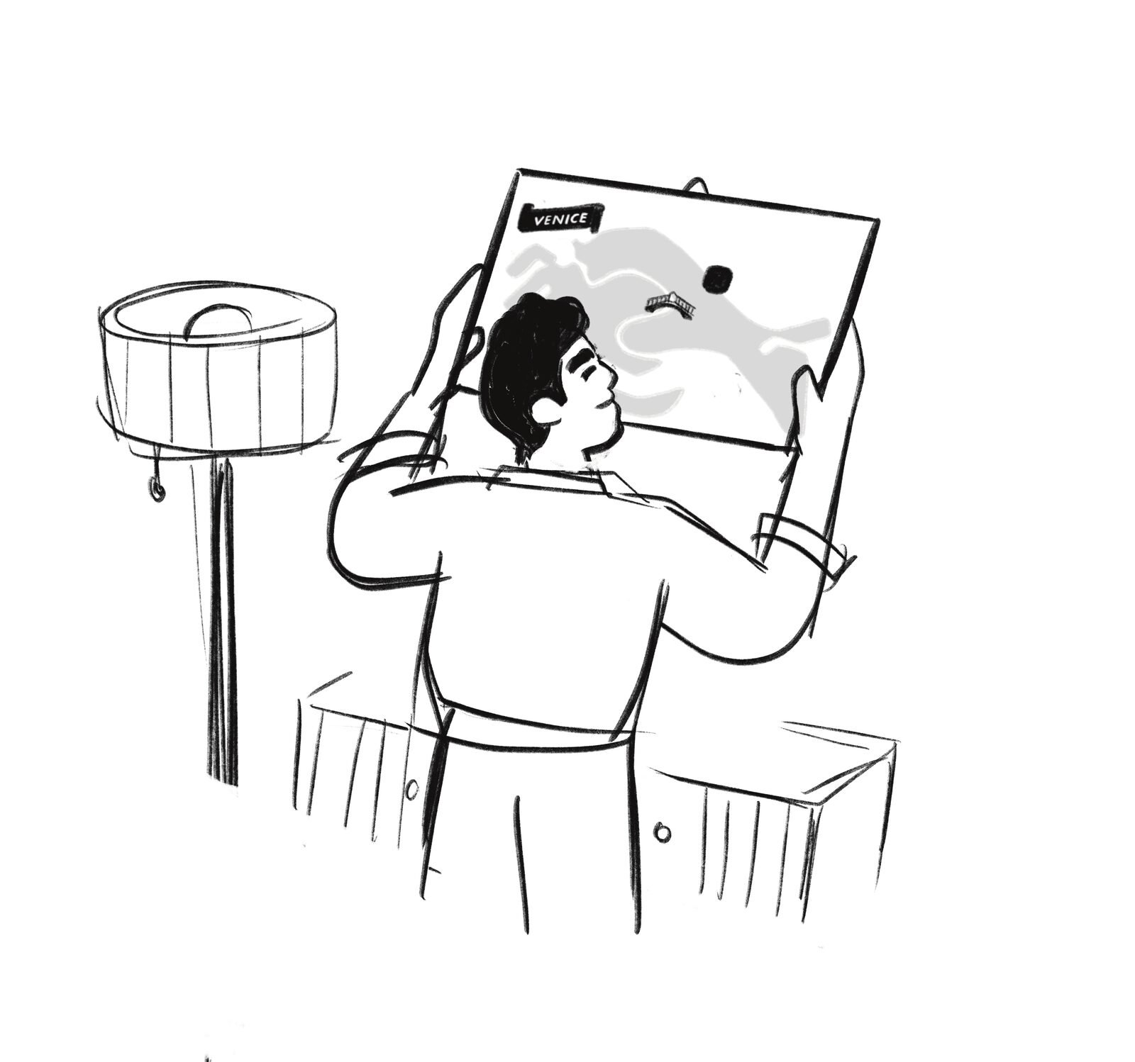 Illustration of a host placing a CityScrolls poster on a wall inside their accommodation