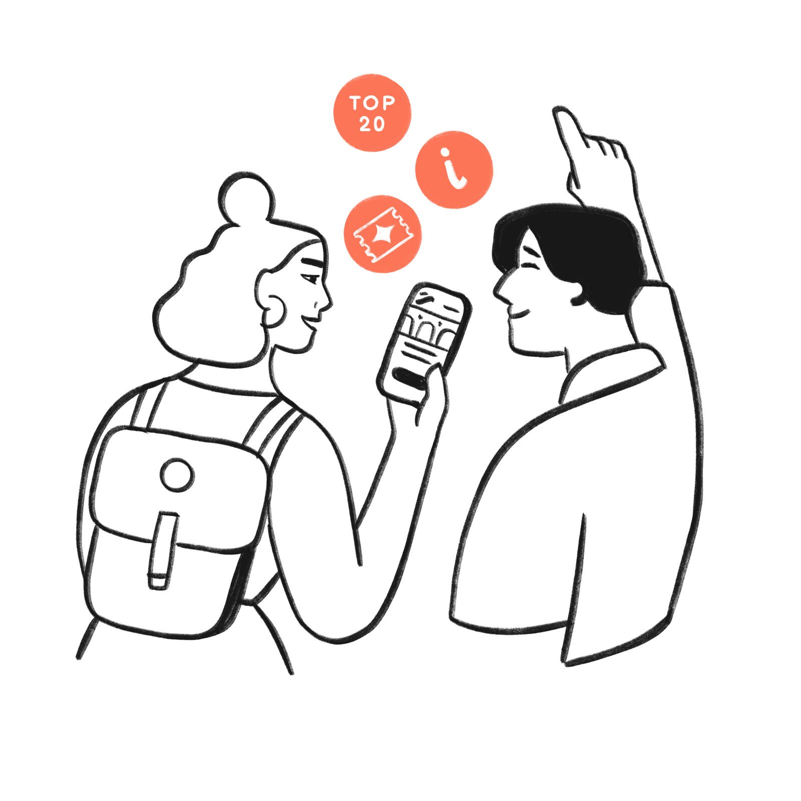 Illustration of guests exploring the wealth of information available in the mobile guide