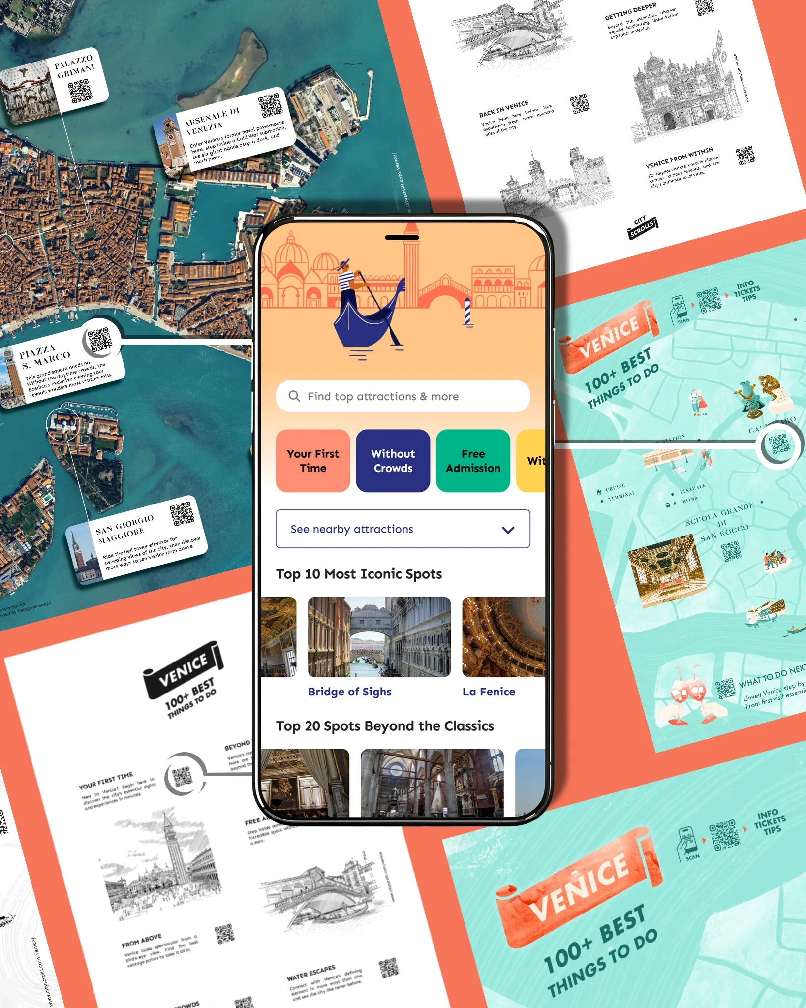 Mappe e stampe CityScrolls collegate alla guida digitale di Venezia