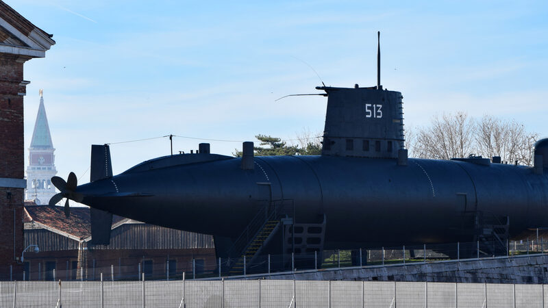 Venetian Arsenal : The Cold War era submarine Enrico Dandolo (S 513), in the section of the Arsenale that remains an active military base