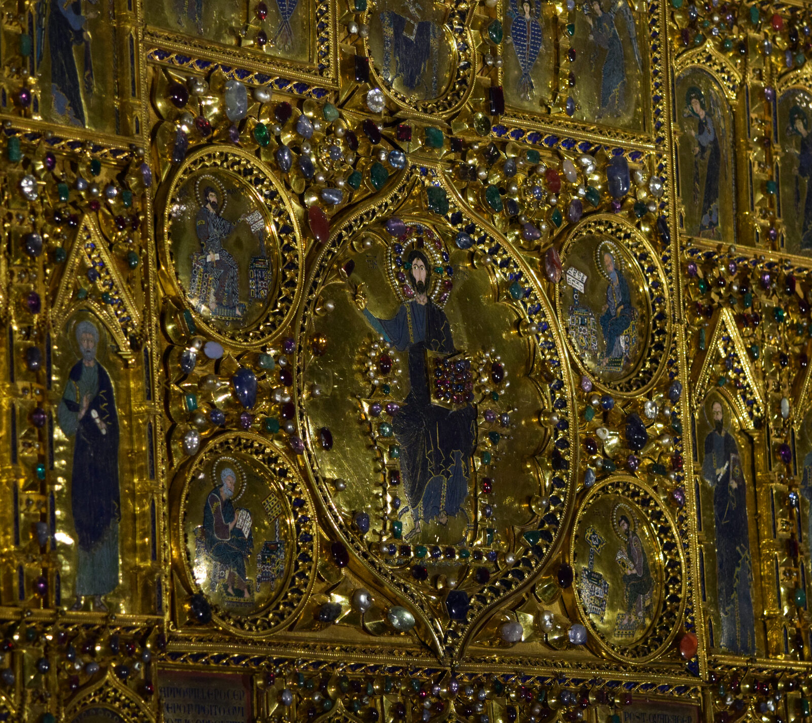 Basilica di San Marco : Detail of the Pala d’Oro’s lower central section, with Christ in Majesty and the four evangelists