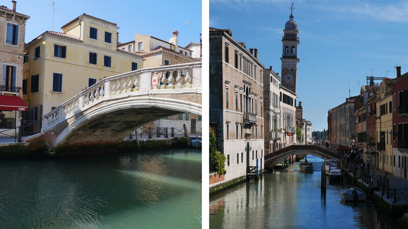 Remarkable Bridges : Ponte San Lorenzo and the view from it of Rio San Lorenzo and the tilted Campanile della Chiesa di San Giorgio dei Greci