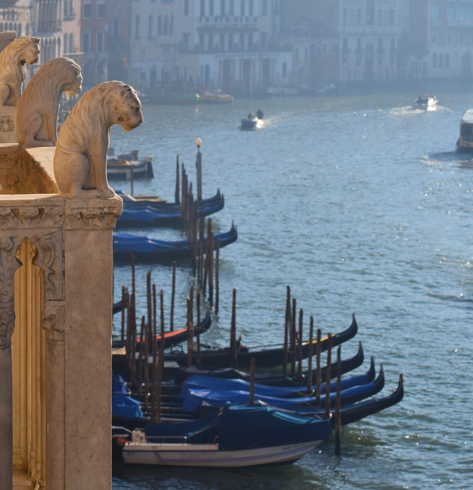 Ca' d'Oro : Looking out toward Rialto Bridge. Admire the intricately sculpted lions adorning the two small side balconies.