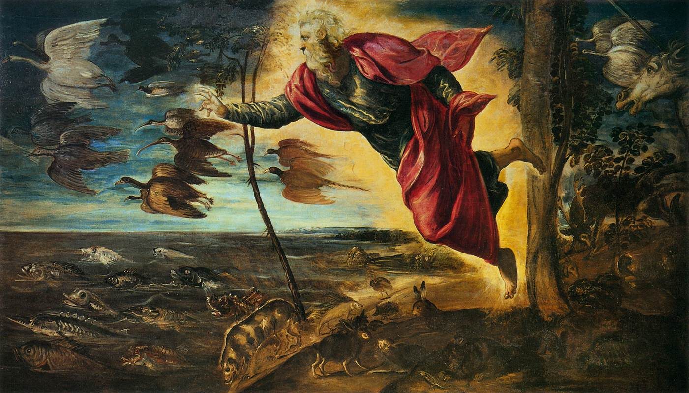 Accademia Galleries : 'The Creation of the Animals' by Tintoretto vividly portrays the biblical narrative from the Book of Genesis, capturing the moment when God breathes life into the sea-dwelling creatures, followed by birds, and finally land animals