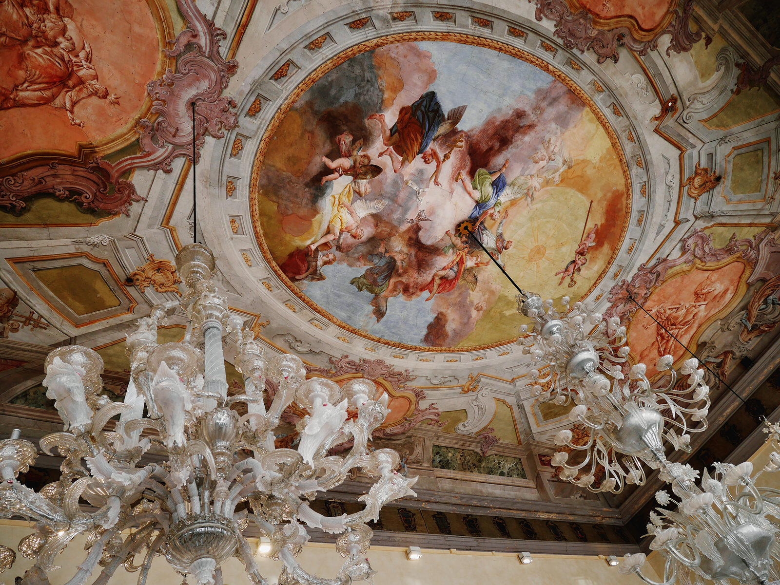 Glass Museum : The portego's ceiling features an 18th-century fresco depicting the allegorical Triumph of San Lorenzo Giustinian and large Murano glass chandeliers