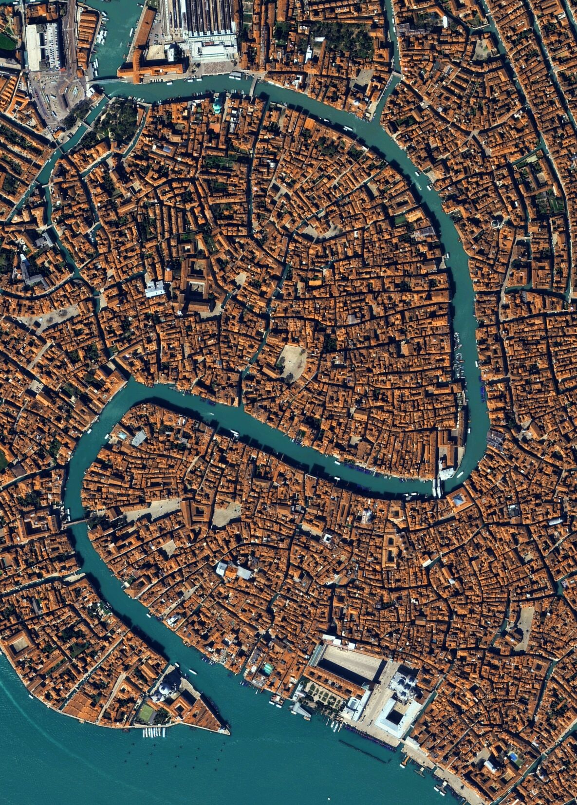 Grand Canal : This satellite image reveals the full S-shaped curve, starting from Venice Train Station at the top and ending at the Piazza San Marco at the bottom