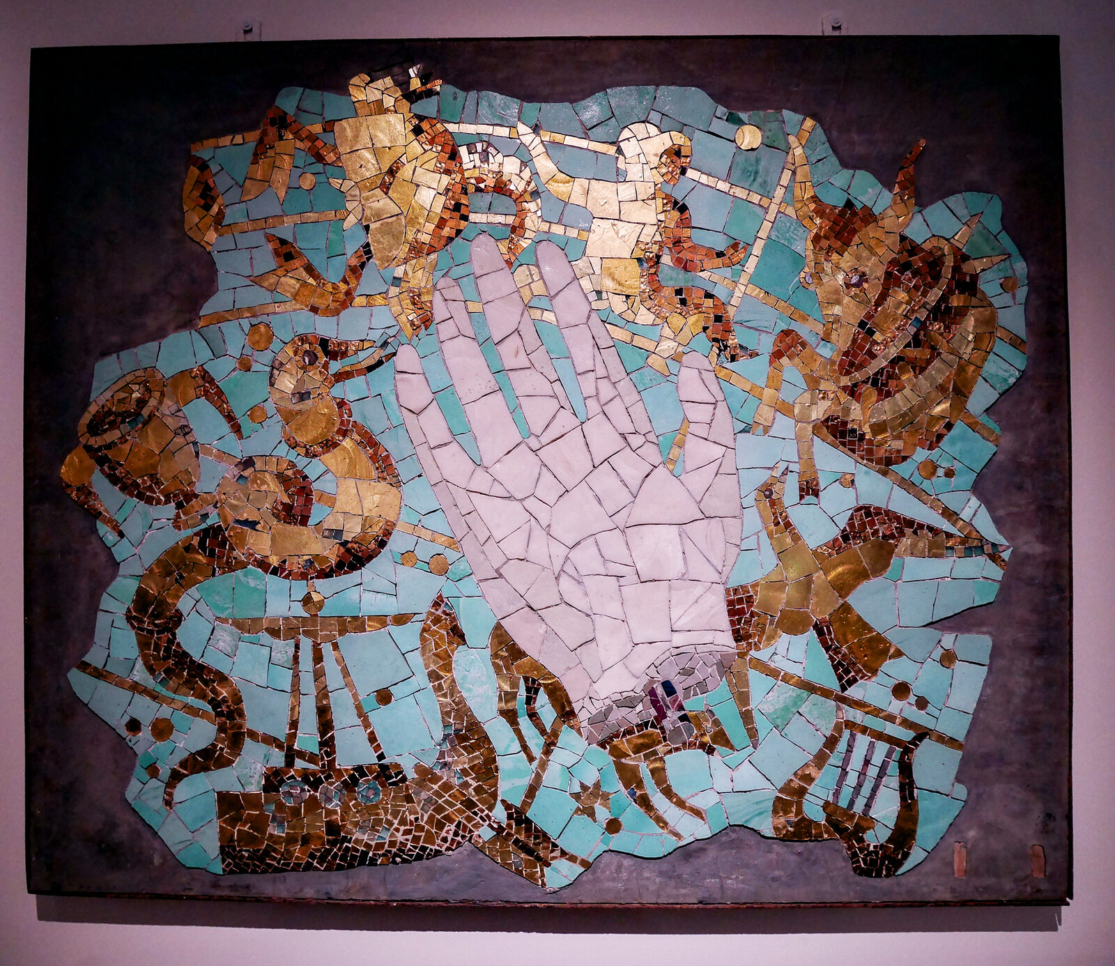 Le Stanze del Vetro : 'The Hand of Atlas' is a glass mosaic panel designed for the 18th Venice Biennale and executed by the renowned Murano furnace Venini