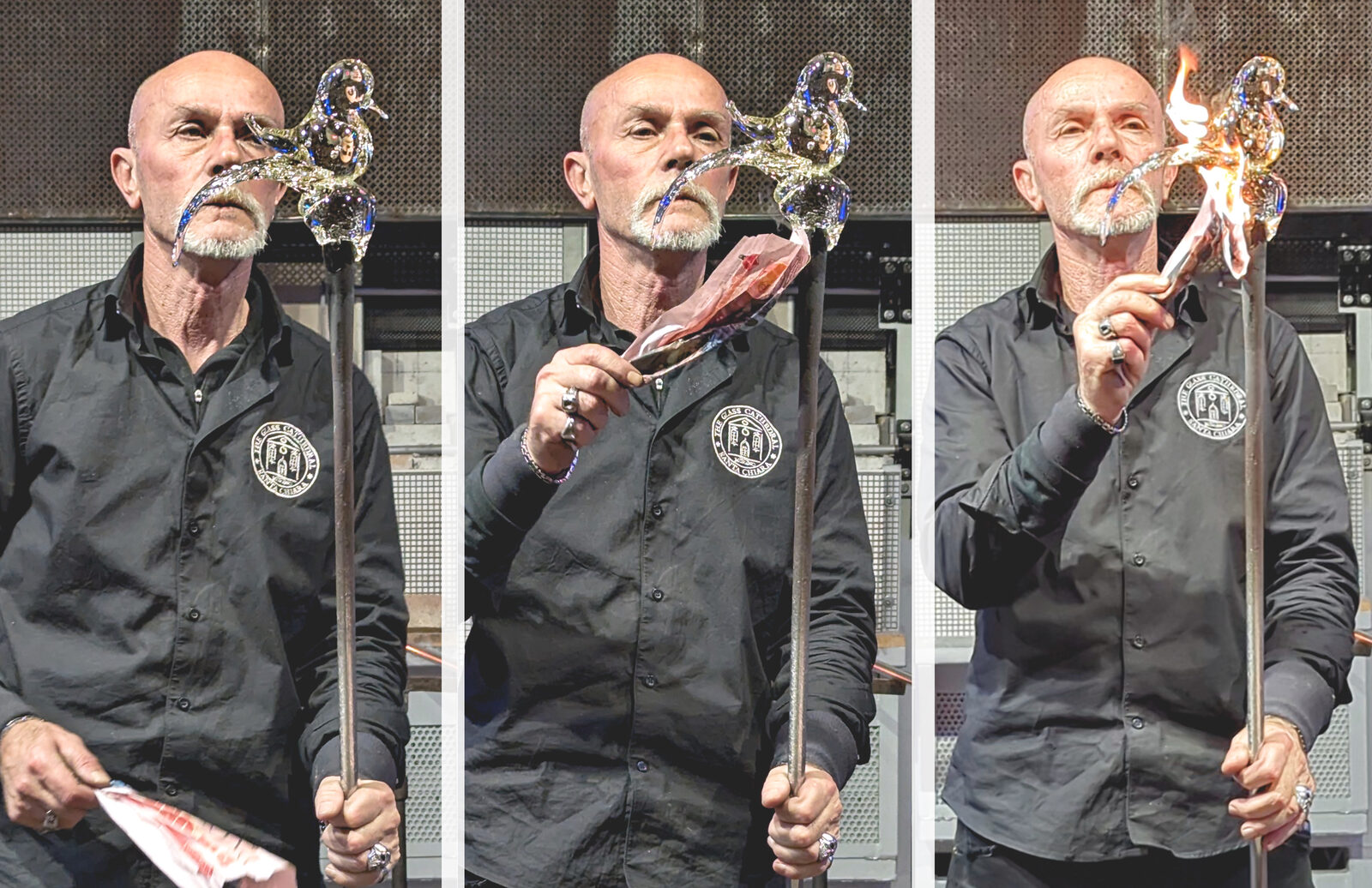 Murano : Alla fine del processo, spesso accendono brevemente della carta di giornale bagnata per modellare, lisciare e lucidare il vetro fuso senza danneggiarlo.