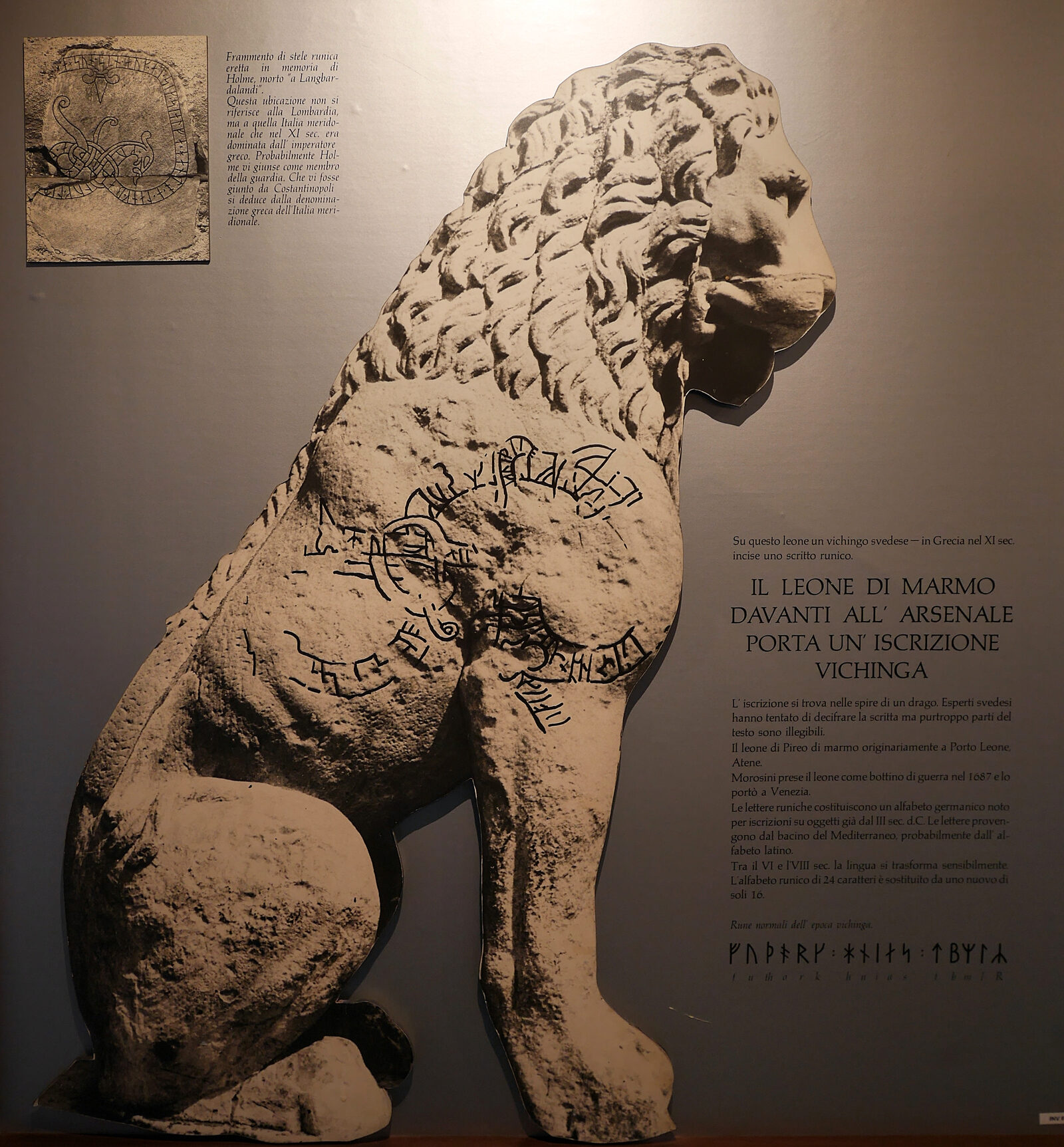 Naval History Museum : Helpful highlighting of the Viking runes engraved on the Piraeus Lion which sits next to the main entrance to the Arsenale