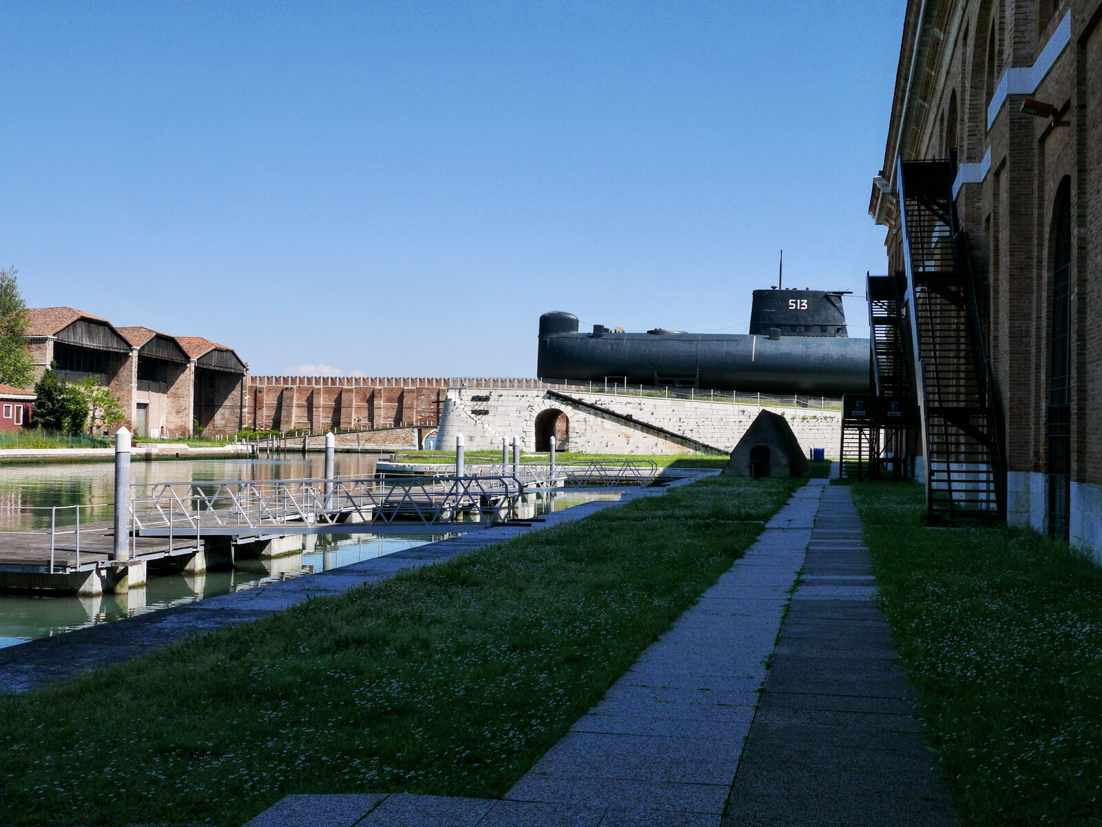 Naval History Museum : Approaching the Cold War–era Enrico Dandolo submarine and preparing to board through a special entrance built into the hull