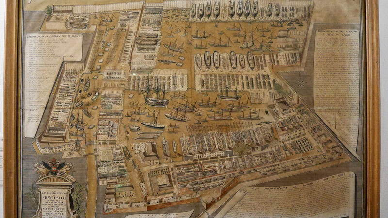 Naval History Museum : Print depicting the bustling shipbuilding activity at the nearby Arsenale, just before the pillage by Bonaparte's occupation forces
