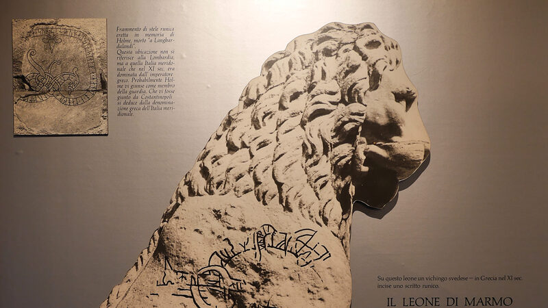 Naval History Museum : Helpful highlighting of the Viking runes engraved on the Piraeus Lion which sits next to the main entrance to the Arsenale