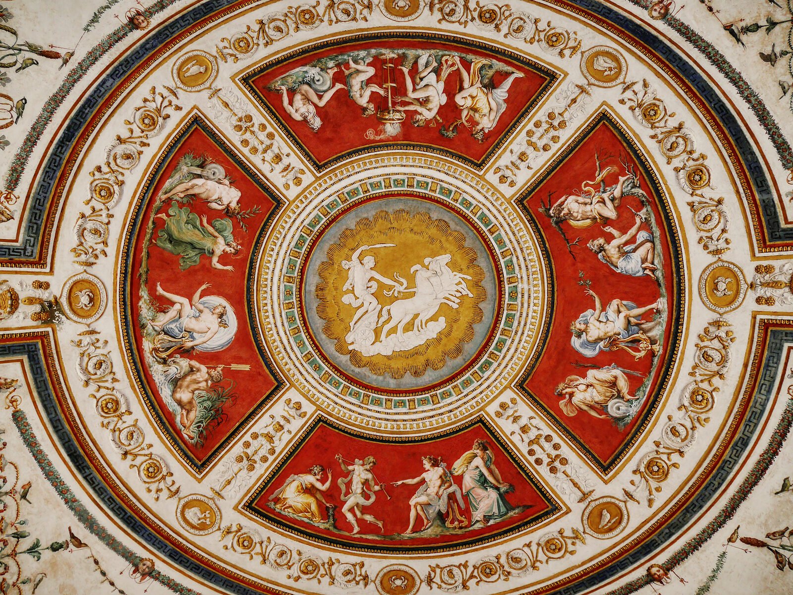 Palazzo Grimani : The Chamber of Apollo's vault depicts the competition between the Sun God and the satyr Marsyas, in line with the narrative found in Ovid's Metamorphoses