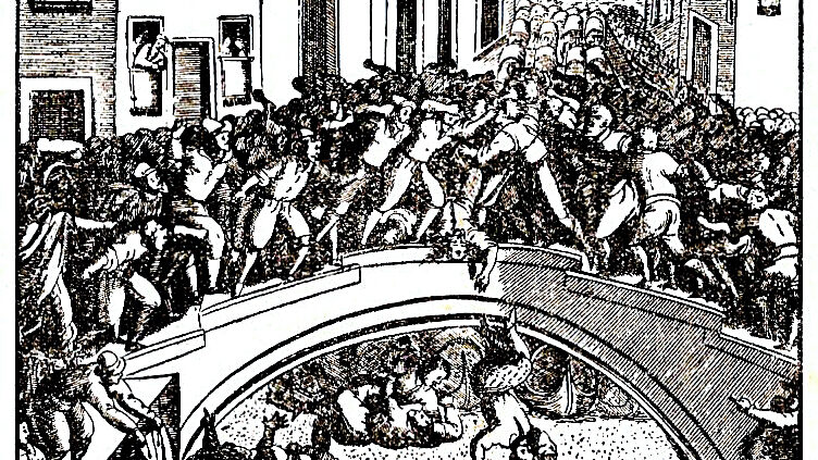 Ponte dei Pugni : Historischer Stich, der die heftigen Auseinandersetzungen zwischen den beiden Clans zeigt.