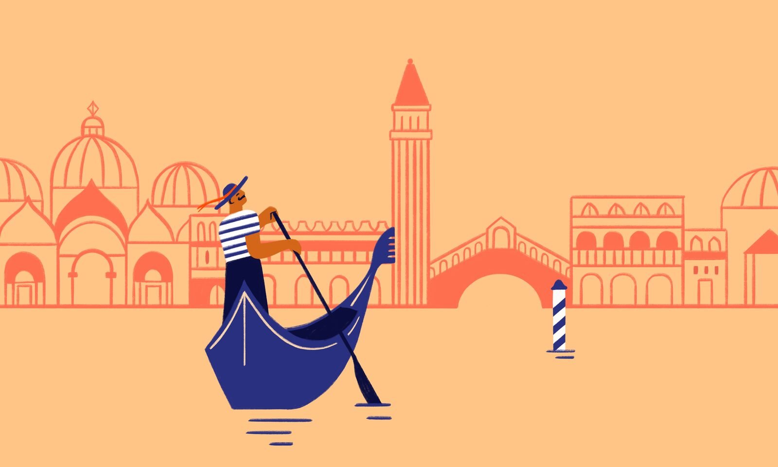 CityScrolls Venice header illustration showing a gondolier in the foreground and the Venetian skyline in the background