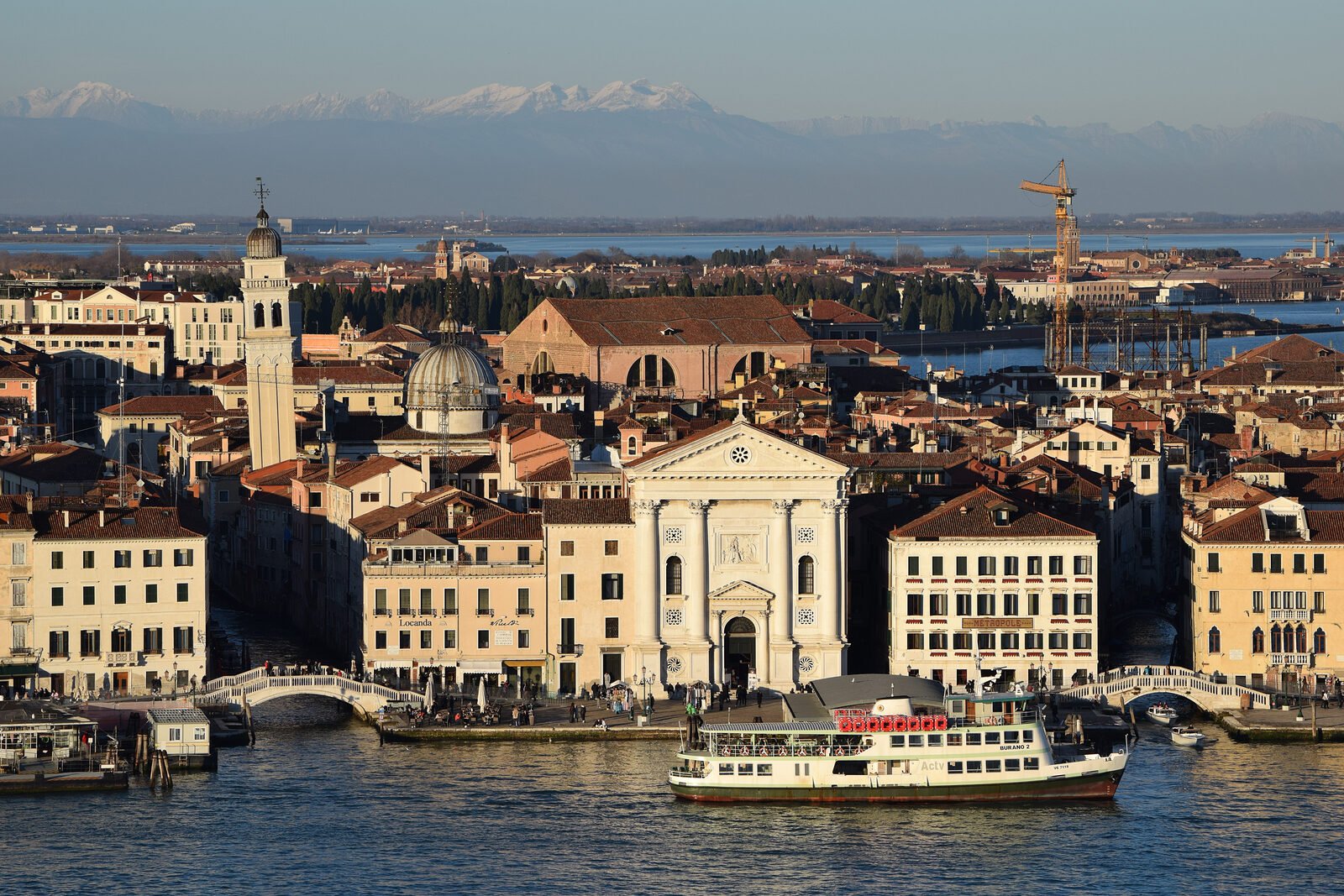 Riva degli Schiavoni : It extends past the facade of Chiesa della Pieta (Vivaldi Church), as seen from the belltower of San Giorgio Maggiore