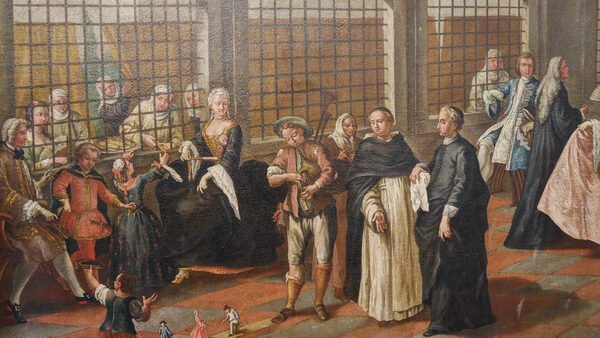 San Zaccaria : Painting at Casa di Carlo Goldoni depicting puppet shows held for young guests in the nuns' parlour at the convent