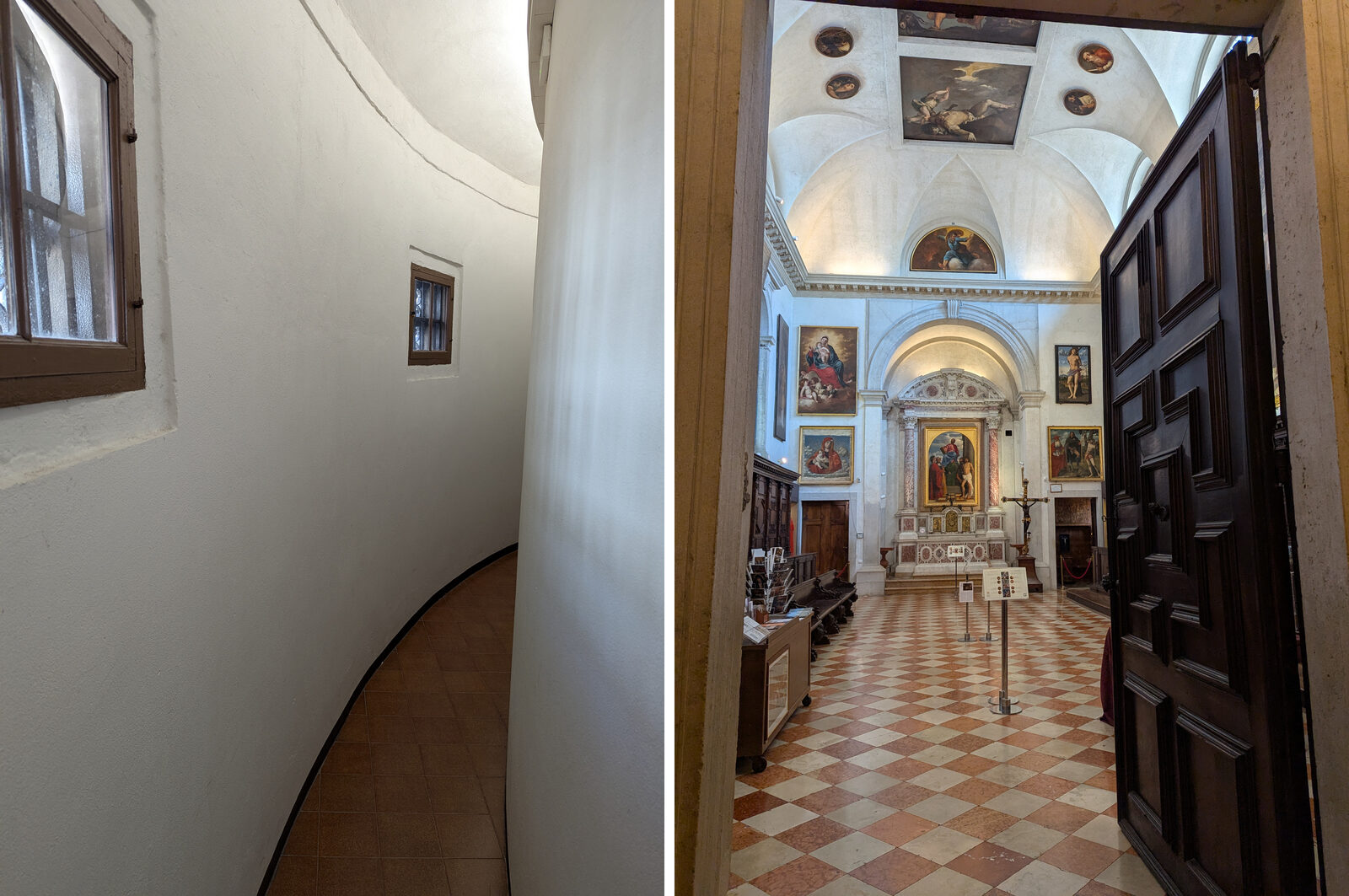 Santa Maria della Salute : Altri tesori d’arte si scoprono nella Sagrestia, nascosta dietro l’altare maggiore. Per raggiungerla, si attraversa uno stretto corridoio curvo che segue la forma della chiesa.