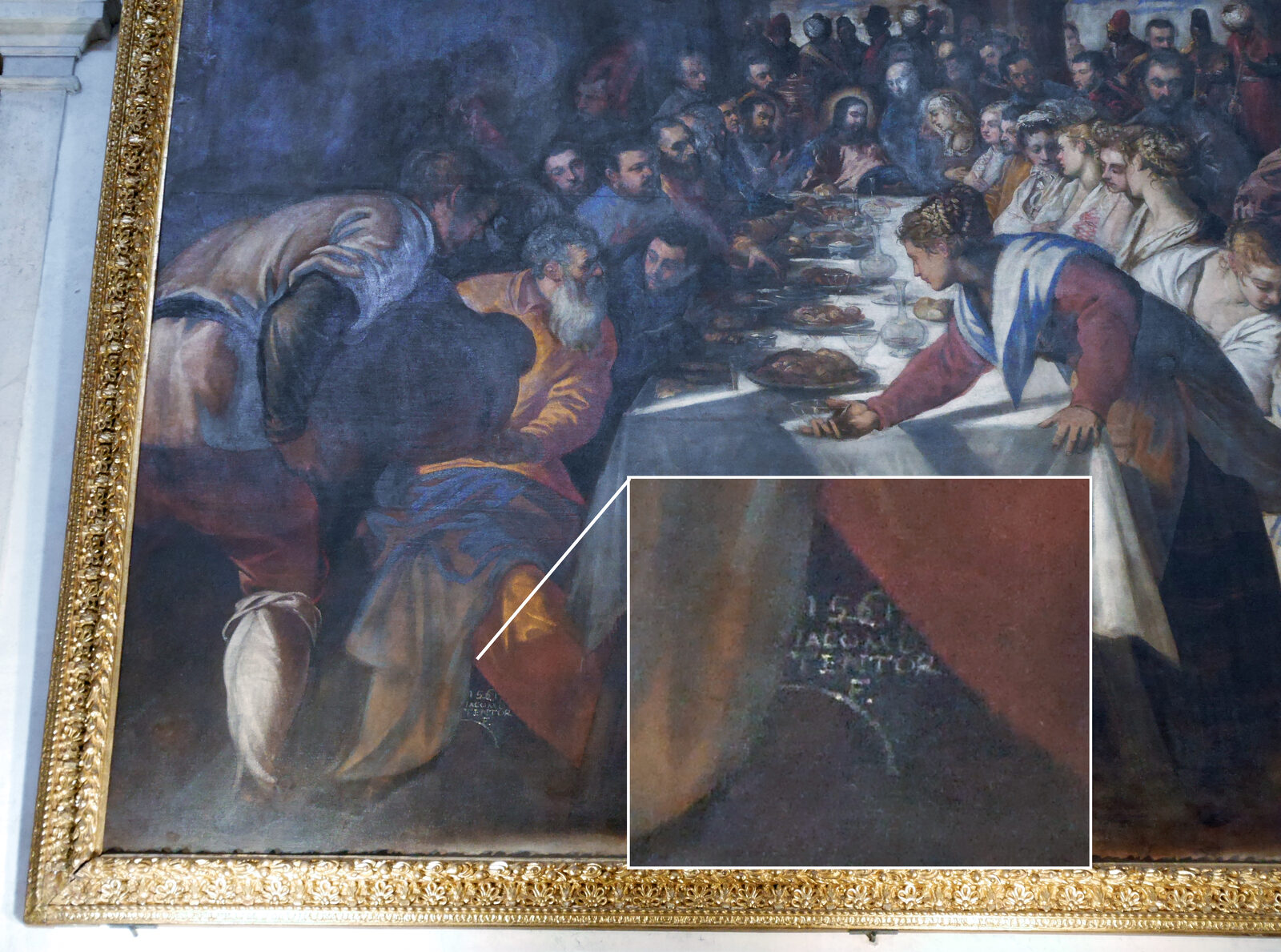 Santa Maria della Salute : Tintoretto's self-portrait appears as the first guest on the left, with the date and his signature — 1561, Jacomo Tentor — subtly inscribed at the hem of the robe