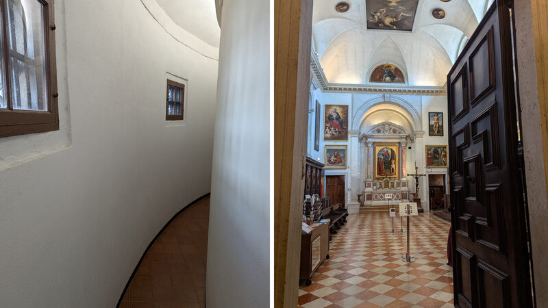 Santa Maria della Salute : Altri tesori d’arte si scoprono nella Sagrestia, nascosta dietro l’altare maggiore. Per raggiungerla, si attraversa uno stretto corridoio curvo che segue la forma della chiesa.