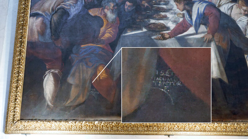 Santa Maria della Salute : L'autoritratto di Tintoretto compare come il primo ospite a sinistra, con data e firma — 1561, Jacomo Tentor — discretamente incise sull'orlo della veste