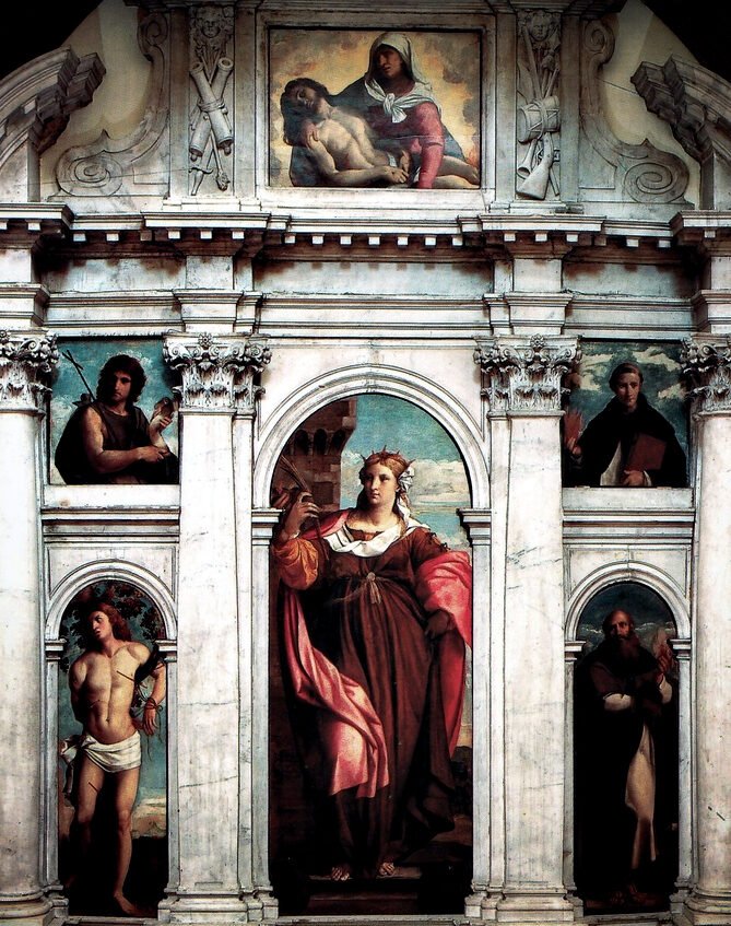 Santa Maria Formosa : The focal point of the church's renown is the six-panel composition, prominently featuring Saint Barbara at its center