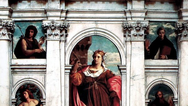 Santa Maria Formosa : The focal point of the church's renown is the six-panel composition, prominently featuring Saint Barbara at its center