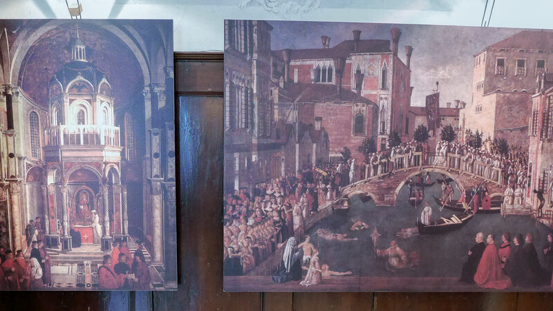 Scuola Grande San Giovanni : In the Chancellery, you'll find reduced-scale photographic reproductions of the famous cycle of large canvases depicting the Miracles of the True Cross, commissioned by the Scuola at the end of the 15th century. The originals are now housed in the Accademia Galleries.