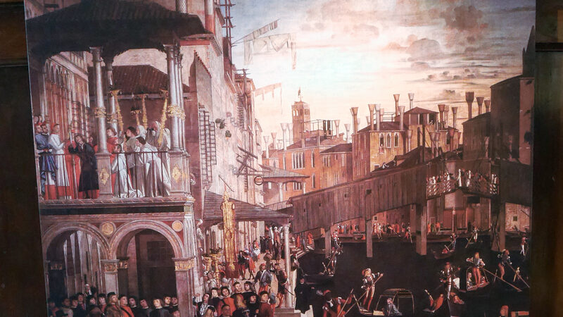 Scuola Grande San Giovanni : Or 'Miracle of the Cross at the Ponte di Rialto' by Vittore Carpaccio shows an earlier wooden iteration of the Rialto Bridge