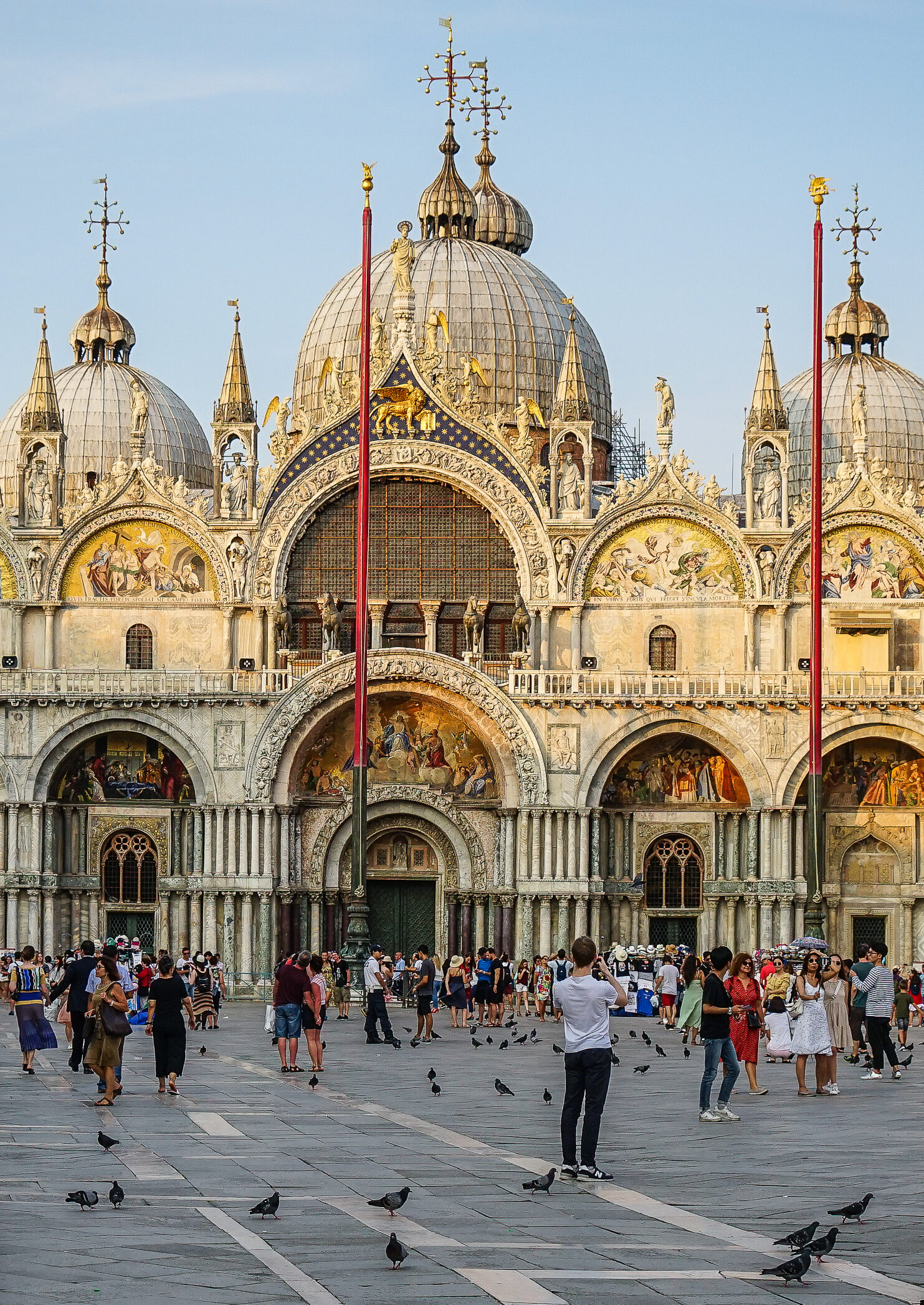 St. Mark's Basilica : The western facade as seen from ground level in Piazza San Marco, close to sunset