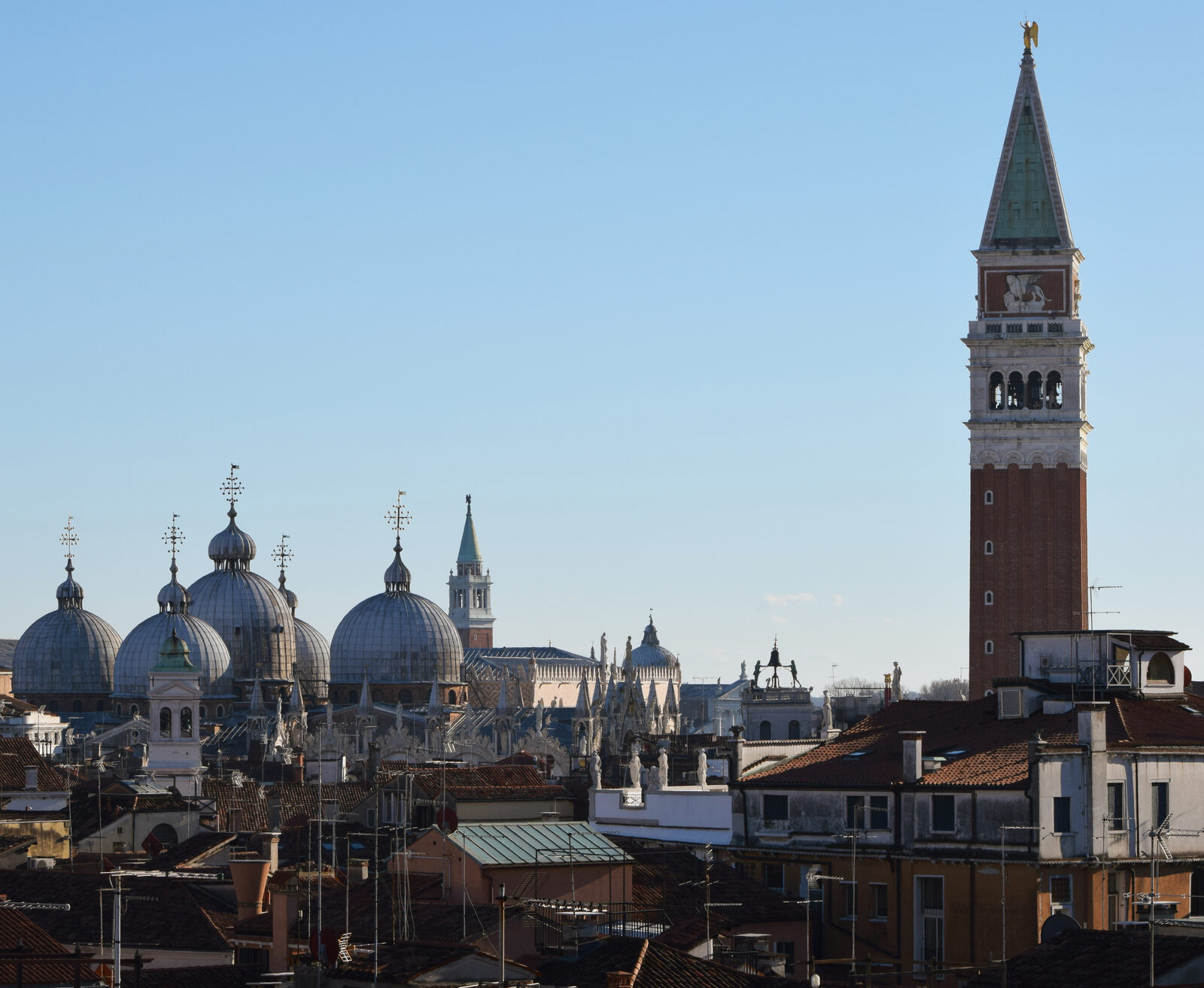 San Marco Campanile : Next to the 5 cupolas of St. Mark's Basilica, as seen from Fondaco dei Tedeschi