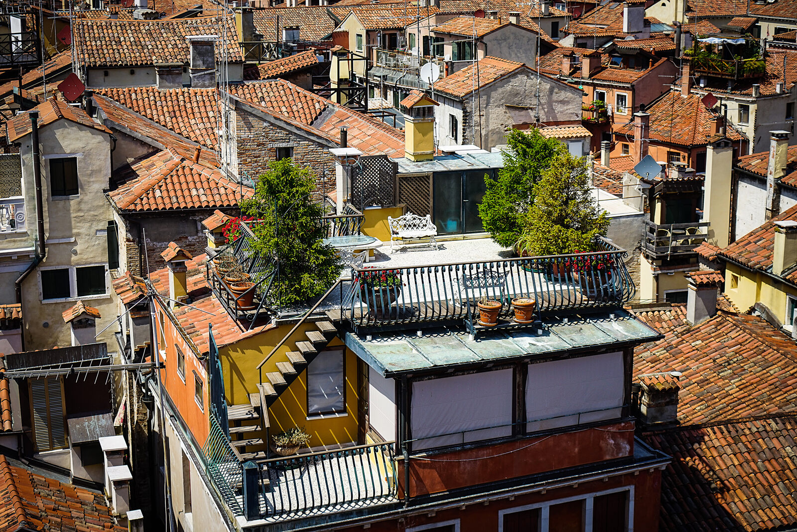 Clock Tower : Behind, the modest yet captivating Venetian rooftops unfold