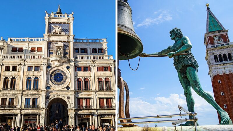 Clock Tower : The tower's facade facing St. Mark's Square and one of its giant bronze Moors, about to strike the large bell at the top