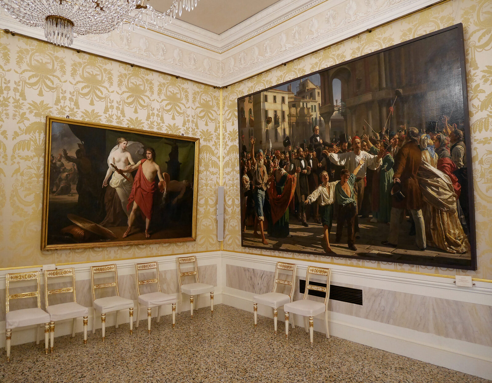 Teatro La Fenice : The other Apollo rooms also feature notable paintings, such as a historical scene depicting crowds calling for the release of two Italian patriots from Austrian prisons — an episode that would later contribute to the birth of the Republic of San Marco